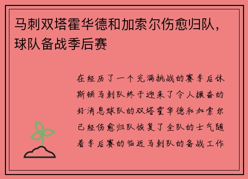 马刺双塔霍华德和加索尔伤愈归队，球队备战季后赛